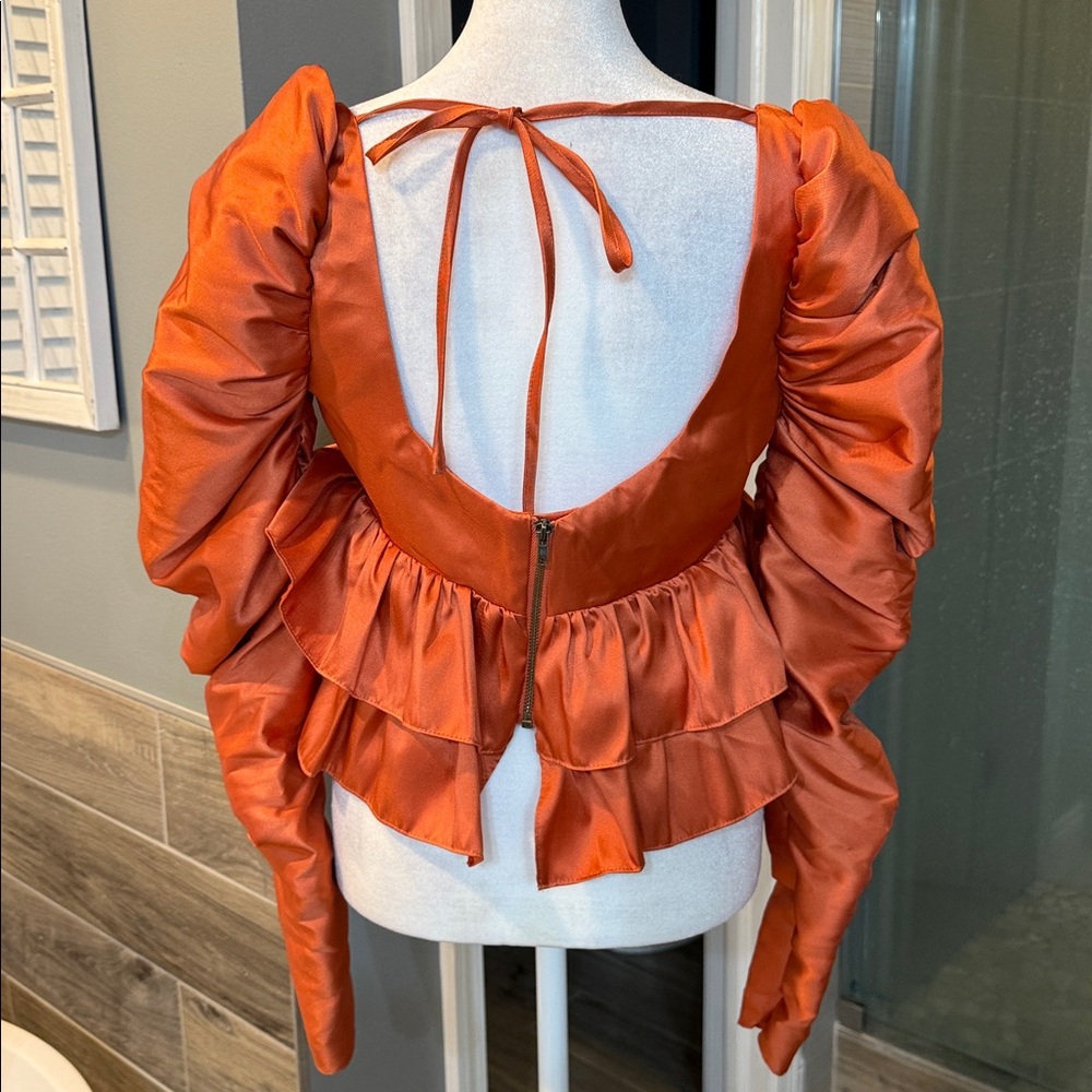 Asos Luxe Satin Babydoll Blouse Ruffle Blouson Sleeve Cinnamon Long Size 6 NWT - Picture 7 of 12